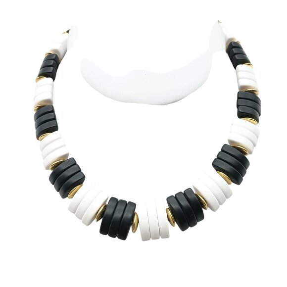 Vintage Black & White Beaded Necklace with Gold Accents and Mod Flair - Picture 1 of 3